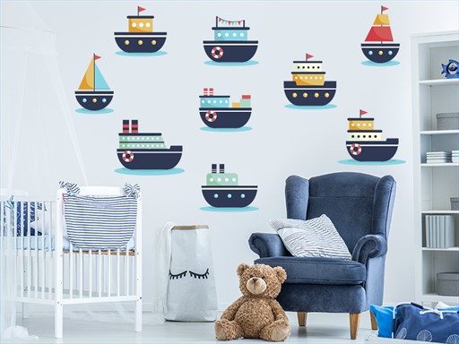 Barevné lodičky samolepka na zeď, Barevné lodičky nálepka na zeď, Barevné lodičky dětská dekorace na zeď, Barevné lodičky samolepící nálepka na zeď, Barevné lodičky samolepka na zeď pro děti