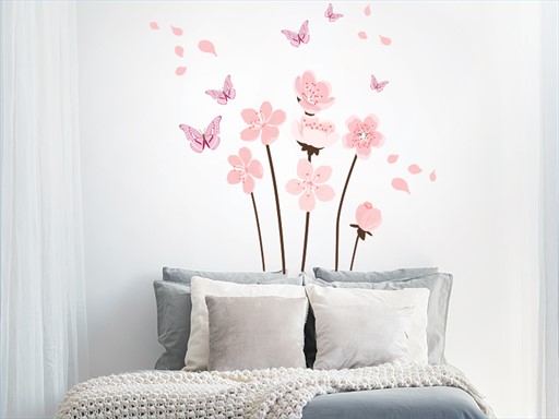 Růžové květiny samolepky na zeď, Růžové květiny nálepky na zeď, Růžové květiny dekorace na zeď, Růžové květiny samolepící nálepky na zeď