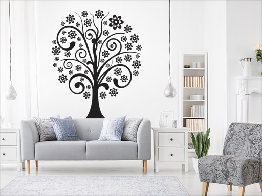 Strom s květy samolepky na zeď, Strom s květy dekorace na zeď, Strom s květy samolepící dekorace na zdi, Strom s květy nálepky na stěnu