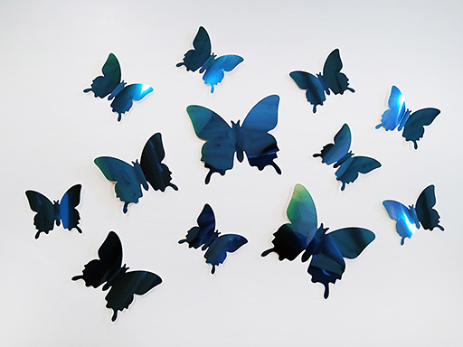 3D dekorácie motýle metalická modrá, 3D samolepky na stenu motýle metalická modrá, 3D nálepky na stenu motýlikovia metalická modrá, 3D dekorácie na stenu motýlikovia metalická modrá