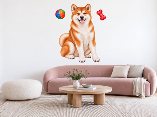 Akita inu s míčkem a kostí samolepky na zeď, Akita inu s míčkem a kostí tapety na zeď, Akita inu s míčkem a kostí dekorace na zeď, Akita inu s míčkem a kostí nálepky na zeď