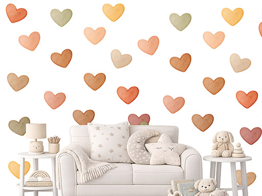 Akvarelové srdiečka v štýle boho, 50 ks nálepiek na stenu, Akvarelové srdiečka v štýle boho, 50 ks nálepiek na stenu pre deti, Akvarelové srdiečka v štýle boho, 50 ks detských dekorácií na stenu, Akvarelové srdiečka v štýle boho, 50 ks samolepiacich nálepiek na stenu