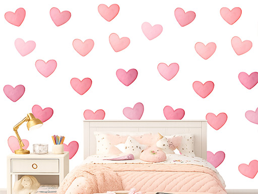 Akvarelové ružové srdiečka, 50 ks nálepiek na stenu, Akvarelové ružové srdiečka, 50 ks nálepiek na stenu pre deti, Akvarelové ružové srdiečka, 50 ks detských dekorácií na stenu, Akvarelové ružové srdiečka, 50 ks samolepiacich nálepiek na stenu