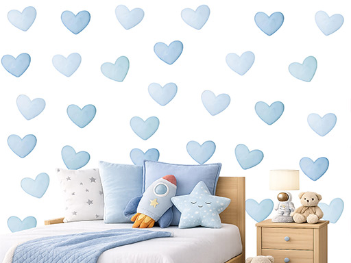 Akvarelové srdiečka svetlo modré, 50 ks nálepiek na stenu, Akvarelové srdiečka svetlo modré, 50 ks nálepiek na stenu pre deti, Akvarelové srdiečka svetlo modré, 50 ks detských dekorácií na stenu, Akvarelové srdiečka svetlo modré, 50 ks samolepiacich nálepiek na stenu