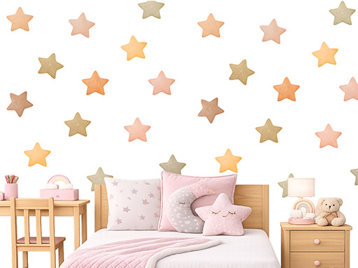 Nálepky na stenu s motívom hviezd v štýle boho, Akvarelové hviezdy v štýle boho – 50-dielna sada nálepiek na stenu, Dekorácie na stenu s motívom hviezd v štýle boho, Akvarelové hviezdy v štýle boho – 50-dielna sada samolepiacich nálepiek na stenu