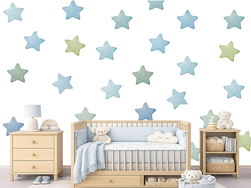Akvarelové hviezdy pre chlapcov, 50 ks nálepiek na stenu, Akvarelové hviezdičky pre chlapcov, 50 ks nálepiek na stenu pre deti, Akvarelové hviezdy pre chlapcov, 50 ks detských dekorácií na stenu, Akvarelové hviezdičky pre chlapcov, 50 ks samolepiacich nálepiek na stenu
