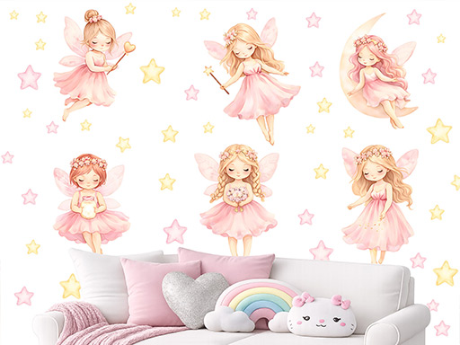 Nálepky na stenu s motívom ružových víl v akvarelovom štýle, Tapety na stenu s motívom ružových víl v akvarelovom štýle, Dekorácie na stenu s motívom ružových víl v akvarelovom štýle, Nálepky na stenu s motívom ružových víl v akvarelovom štýle