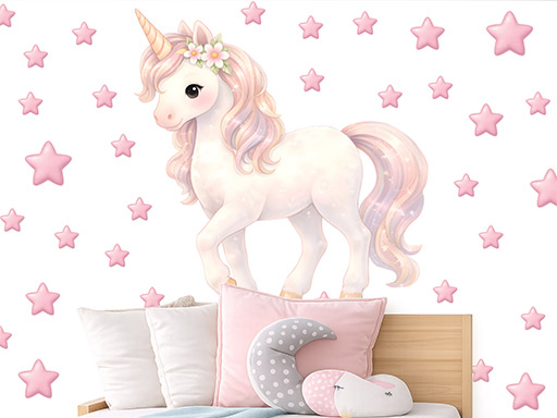 Nálepky na stenu s motívom jednorožca v akvarelovom štýle, Tapety na stenu s motívom jednorožca v akvarelovom štýle, Dekorácie na stenu s motívom jednorožca v akvarelovom štýle, Nálepky na stenu s motívom jednorožca v akvarelovom štýle