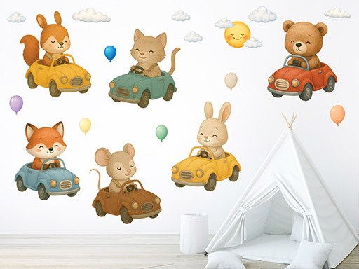 Autá a zvieratká samolepka na stenu, Autá a zvieratká nálepka na stenu, Autá a zvieratká detská dekorácia na stenu, Autá a zvieratká samolepiaca nálepka na stenu, Autá a zvieratká samolepka na stenu pre deti