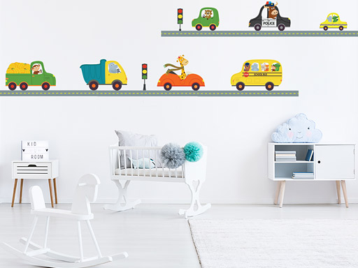 Autíčka so zvieratkami samolepky na stenu, Autíčka so zvieratkami nálepky na stenu, Autíčka so zvieratkami pre deti dekorácie na stenu, Autíčka so zvieratkami samolepiace nálepky na stenu