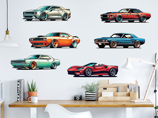 Farebné autá samolepky na stenu, Farebné autá nálepky na stenu, Farebné autá dekorácie na stene, Farebné autá tapety na stene