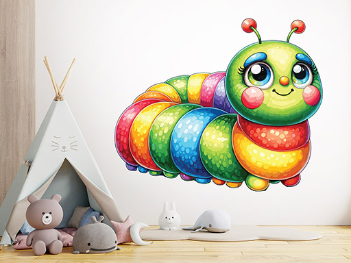 Farebná húsenica samolepky na stenu, Farebná húsenica dekorácia na stenu, Farebná húsenica samolepiaca dekorácia na stene, Farebná húsenica nálepky na stenu