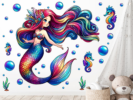 Barevná mořská víla samolepka na zeď, Barevná mořská víla nálepky na zeď, Barevná mořská víla dekorace na stěnu, Barevná mořská víla samolepící dekor na stěny, Barevná mořská víla samolepící tapety na zeď