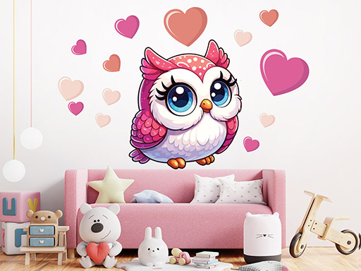 Barevná sovička se srdíčky samolepky na zeď, Barevná sovička se srdíčky nálepky na zeď pro děti, Barevná sovička se srdíčky dětské dekorace na zeď, Barevná sovička se srdíčky samolepící nálepky na zeď