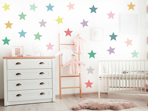 Barevné hvězdy samolepky na zeď, Barevné hvězdy do dětského pokoje samolepky na zeď, Barevné hvězdy nálepky na zeď, Barevné hvězdy pro děti dekorace na zeď, Barevné hvězdy samolepící nálepky na zeď