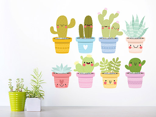 Farebné kaktusy samolepky na stenu, Farebné kaktusy nálepky na stenu, Farebné kaktusy dekorácie na stenu, Farebné kaktusy samolepiace nálepky na stenu