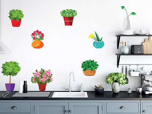 Farebné kvetináče samolepky na stenu, Farebné kvetináče nálepky na stenu, Farebné kvetináče dekorácie na stenu, Farebné kvetináče samolepiace nálepky na stenu