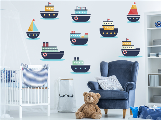 Farebné lodičky samolepka na stenu, Farebné lodičky nálepka na stenu, Farebné lodičky detská dekorácia na stenu, Farebné lodičky samolepiaca nálepka na stenu, Farebné lodičky samolepka na stenu pre deti