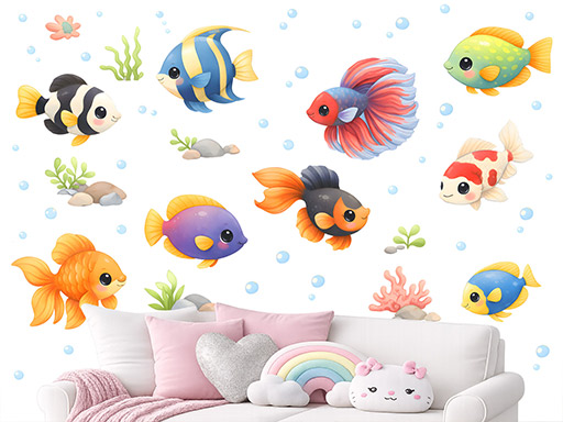 Barevné rybičky samolepky na zeď, Barevné rybičky nálepky na zeď, Barevné rybičky dekorace na zeď, Barevné rybičky samolepící nálepky na zeď