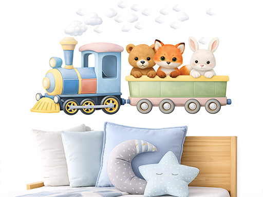 Farebný vlak so zvieratami samolepky na stenu, Farebný vlak so zvieratami tapety na stenu, Farebný vlak so zvieratami dekorácie na stenu, Farebný vlak so zvieratami nálepky na stenu