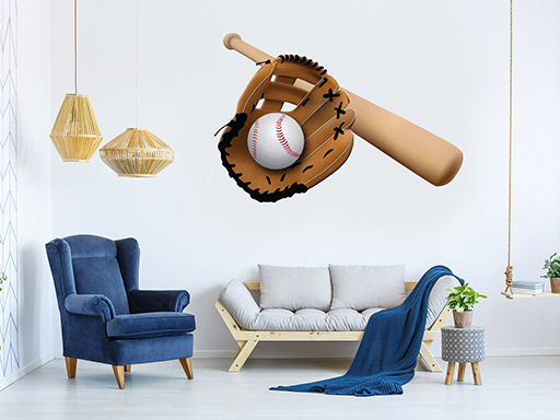 Rukavice baseballová loptička a pálka samolepky na stenu, Rukavice baseballová loptička a pálka nálepky na stenu, Basebalová loptička a pálky dekorácie na stenu, Basebalová loptička a pálky samolepiace nálepky na stenu