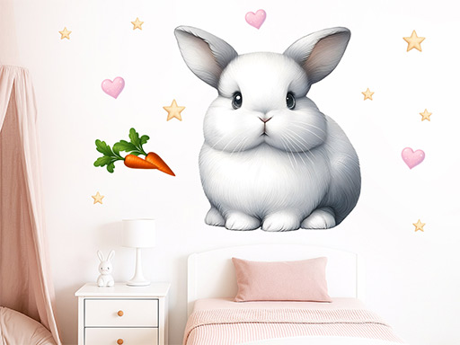 Biely králik samolepka na stenu, Biely králik nálepky na stenu, Biely králik dekorácie na stenu, Biely králik samolepiaci dekor na steny, Biely králik samolepiace tapety na stenu