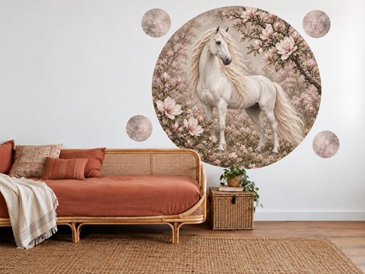 Bílý kůň mezi magnoliemi samolepky na zeď, Bílý kůň mezi magnoliemi tapety na zeď, Bílý kůň mezi magnoliemi dekorace na zeď, Bílý kůň mezi magnoliemi nálepky na zeď