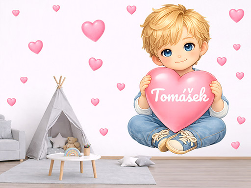 Blond chlapec so srdiečkom a menom dekorácie na stenu samolepky na stenu, blond chlapček so srdiečkom a menom dekorácie na stenu, blond chlapec so srdiečkom a menom samolepiace dekorácie na stene, blond chlapček so srdiečkom a menom dekorácie na stenu nálepky na stenu