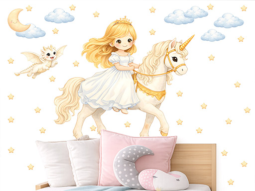 Nálepky na stenu s blond princeznou na koni, Tapety na stenu s blond princeznou na koni, Dekorácie na stenu s blond princeznou na koni, Nálepky na stenu s blond princeznou na koni