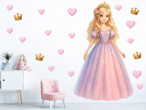 Princezná v ružových šatách samolepka na stenu, Princezná v ružových šatách nálepky na stenu, Princezná v ružových šatách dekorácie na stenu, Princezná v ružových šatách samolepiaci dekor na steny, Princezná v ružových šatách samolepiace tapety na stenu