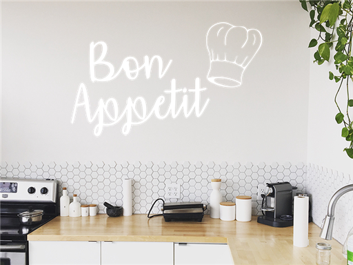 Bon Appetit s kuchárskou čiapkou samolepky na stenu, Bon Appetit s kuchárskou čiapkou nálepky na stenu, Bon Appetit s kuchárskou čiapkou dekorácie na stene, Nápis Bon Appetit s kuchárskou čiapkou tapety na stene
