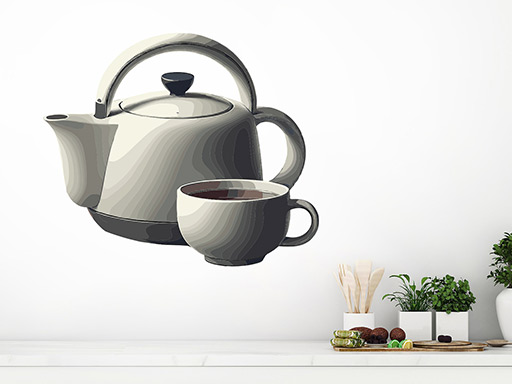 Čajová kanvica samolepka na stenu, Čajová kanvica nálepky na stenu, Čajová kanvica dekorácie na stenu, Čajová kanvička samolepiaci dekor na steny, čajová kanvica samolepiace tapety na stenu