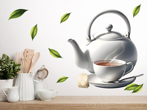 Čajová sada samolepka na zeď, Čajová sada nálepky na zeď, čajový set dekorace na stěnu, čajová konvička samolepící dekor na stěny, čajová konvice samolepící tapety na zeď