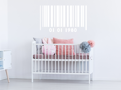 Čiarový kód s dátumom narodenia samolepky na stenu, Čiarový kód s dátumom narodenia nálepky na stenu, Čiarový kód s dátumom narodenia dekorácie na stene, Čiarový kód s dátumom narodenia tapety na stene