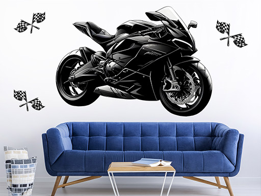 Černá motorka samolepky na zeď, Černá motorka nálepky na stěnu, Černá motorka dekorace na zdi, Černá motorka tapety na zdi