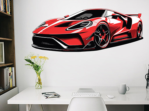 Červený sporťák samolepky na zeď, Červený sporťák nálepky na stěnu, Červený sporťák dekorace na zdi, Červený sporťák tapety na zdi