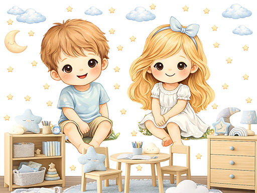 Chlapeček a holčička samolepka na zeď, Chlapeček a holčička nálepky na zeď, Chlapeček a holčička dekorace na stěnu, Chlapeček a holčička samolepící dekor na stěny, Chlapeček a holčička samolepící tapety na zeď