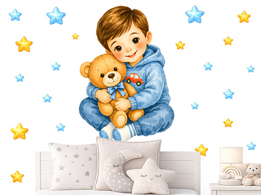 Chlapeček a medvídek samolepka na zeď, Chlapeček a medvídek nálepky na zeď, Chlapeček a medvídek dekorace na stěnu, Chlapeček a medvídek samolepící dekor na stěny, Chlapeček a medvídek samolepící tapety na zeď