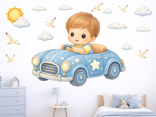 Chlapček v autíčku samolepky na stenu, Chlapček v autíčku nálepky na stenu, Chlapček v autíčku dekorácie na stene, Chlapček v autíčku tapety na stene