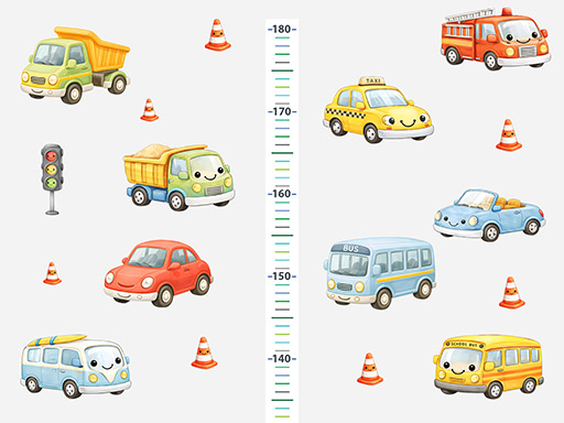 Detský merací pás s motívom autíčok – nálepky na stenu, Detský merací pás s motívom autíčok – tapety na stenu, Detský merací pás s motívom autíčok – dekorácie na stenu, Detský merací pás s motívom autíčok – nálepky na stenu