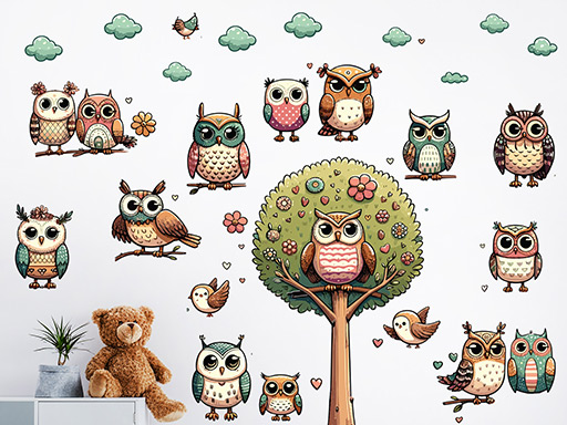 Detský strom so sovičkami samolepky na stenu, Detský strom so sovičkami nálepky na stenu pre deti, Detský strom so sovičkami detské dekorácie na stenu, Detský strom so sovičkami samolepiace nálepky na stenu