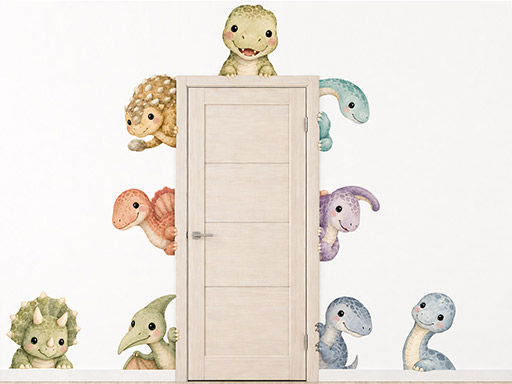 Nálepky na stenu s motívom dinosaurov okolo dverí, Tapety na stenu s motívom dinosaurov okolo dverí, Nástenné dekorácie s motívom dinosaurov okolo dverí, Nálepky na stenu s motívom dinosaurov okolo dverí
