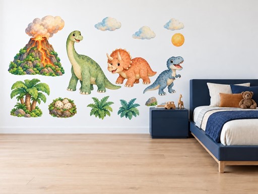 Dinosauří údolí se sopkou samolepky na zeď, Dinosauří údolí se sopkou tapety na zeď, Dinosauří údolí se sopkou dekorace na zeď, Dinosauří údolí se sopkou nálepky na zeď