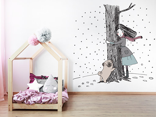 Dievča a mops samolepka na stenu, Dievča a mops nálepka na stenu, Dievča a mops detská dekorácia na stenu, Dievča a mops samolepiaca nálepka na stenu, Dievča a mops samolepka na stenu pre deti