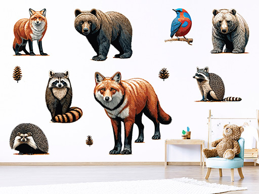Divoké lesné zvieratá samolepky na stenu, Divoké lesné zvieratá nálepky na stenu pre deti, Divoké lesné zvieratá dekorácie na stenu, Divoké lesné zvieratá samolepiace nálepky na stenu