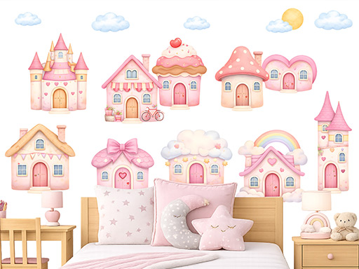 Domčeky pre dievčatá – nálepky na stenu, Domčeky pre dievčatá – tapety na stenu, Domčeky pre dievčatá – dekorácie na stenu, Domčeky pre dievčatá – nálepky na stenu