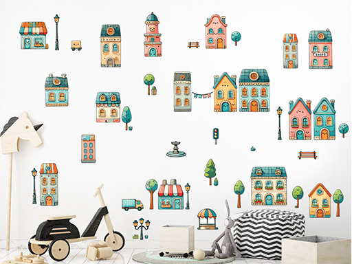 Domčeky samolepky na stenu, Domčeky nálepky na stenu, Domčeky dekorácie na stenu, Domčeky samolepiace nálepky na stenu
