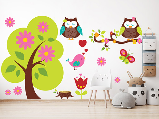 Dřímající sovičky samolepky na zeď, Dřímající sovičky nálepky na zeď, Dřímající sovičky dekorace na zeď, Dřímající sovičky samolepící nálepky na zeď