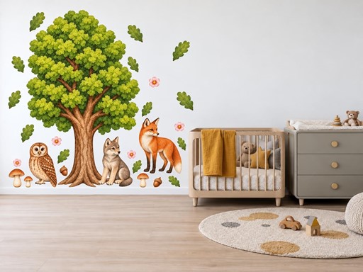 Dub s liškou a vlčetem samolepky na zeď, Dub s liškou a vlčetem tapety na zeď, Dub s liškou a vlčetem dekorace na zeď, Dub s liškou a vlčetem nálepky na zeď