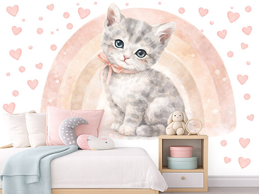 Nálepky na stenu s motívom dúhy a mačky, Nálepky na stenu s motívom dúhy a mačky, Dekorácie na stenu s motívom dúhy a mačiatka, Nálepky na stenu s motívom mačiatka a dúhy, Nálepka na stenu s motívom mačky a dúhy